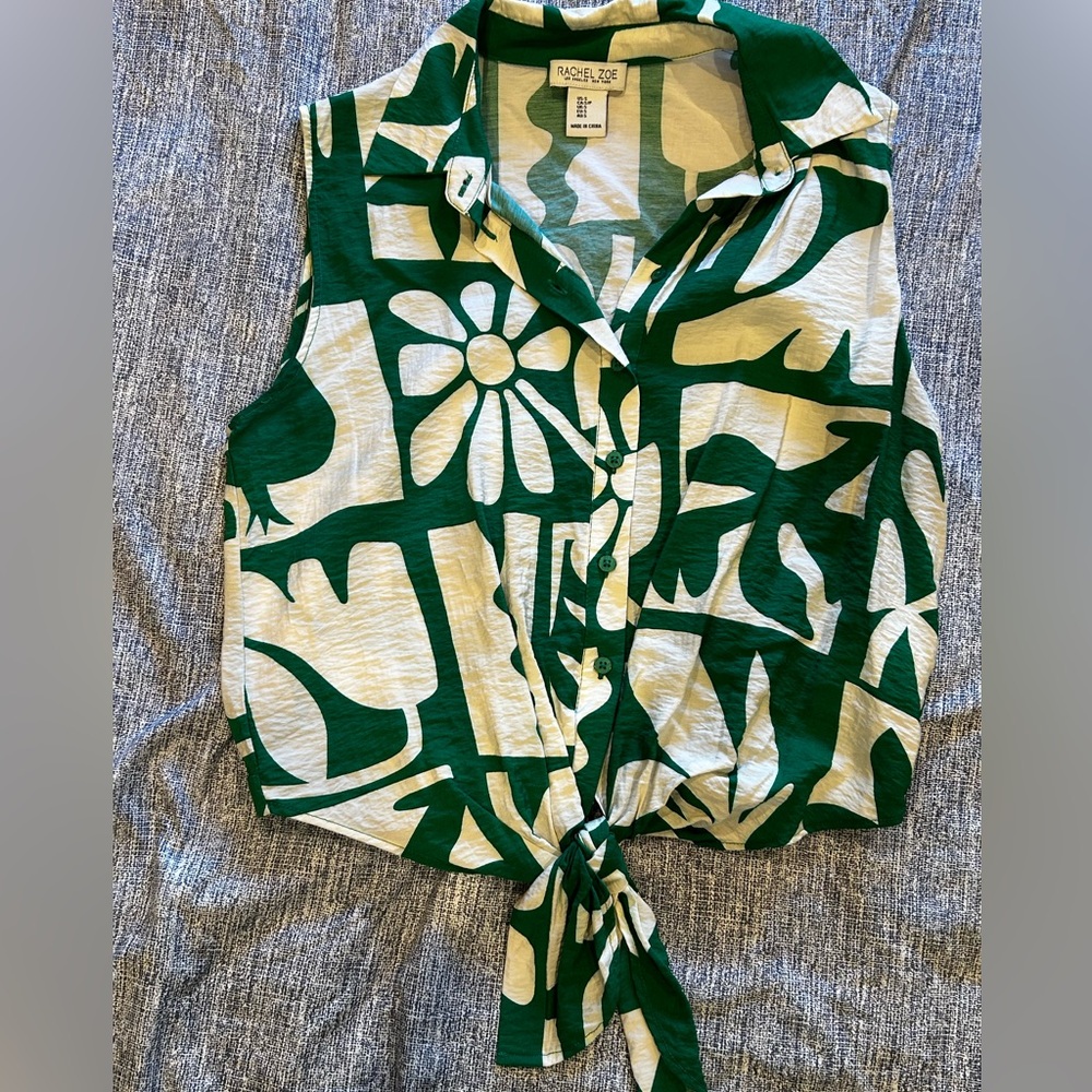 Rachel Zoe Green and Cream Tie-Front Blouse